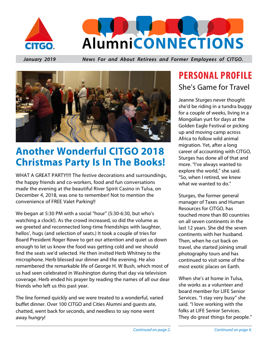 Cover of the January 2019 Alumni Connections newsletter